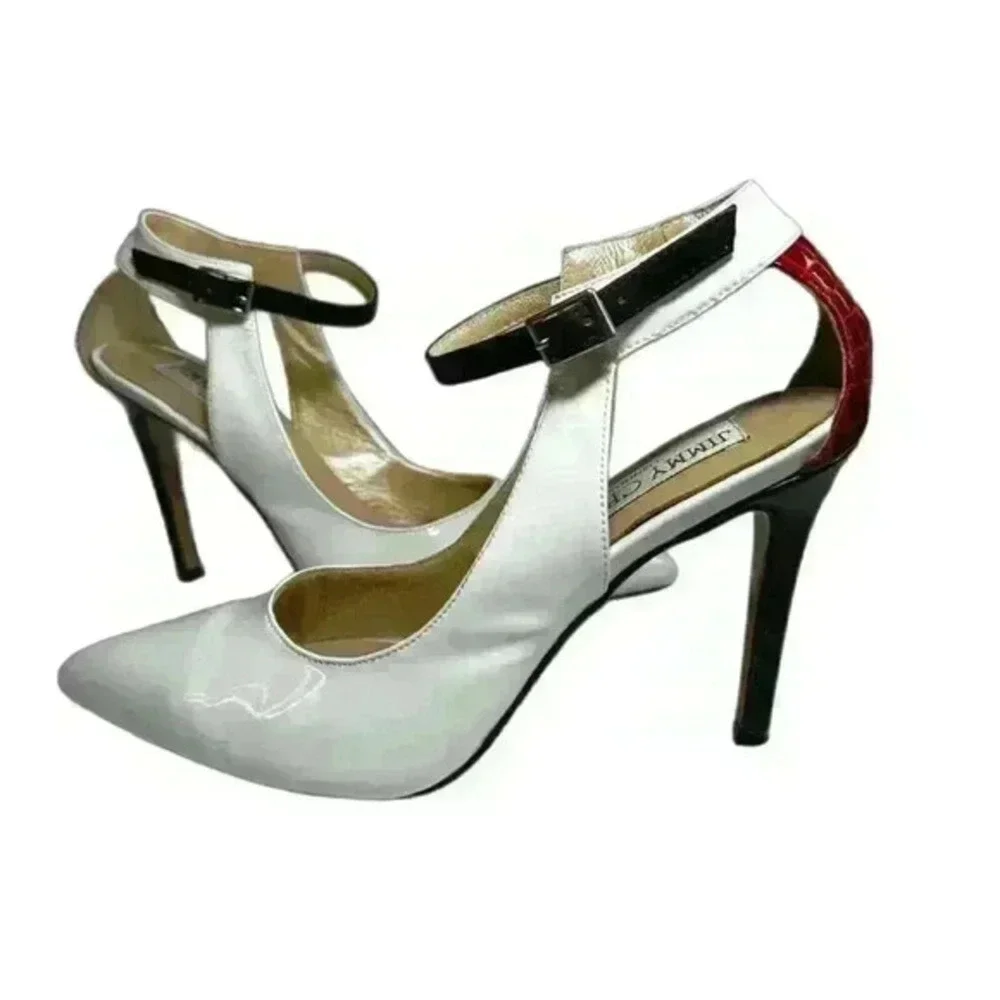 Jimmy Choo White Patent Leather w Black Ankle Strap Snakeskin Heel Pumps Size 39